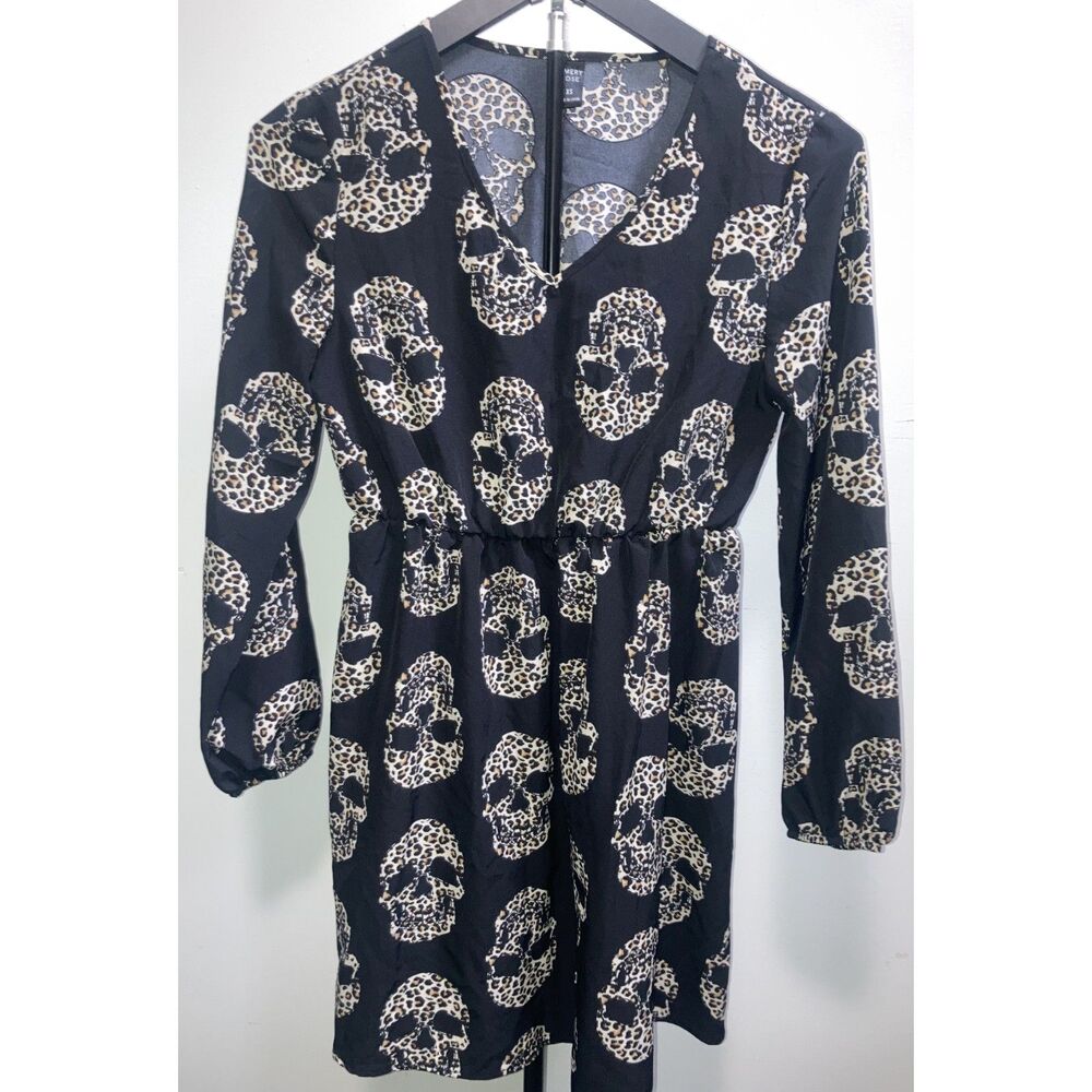 Emery Rose Black Leopard Skull Print Babydoll Empire Waist Dress Women's XS